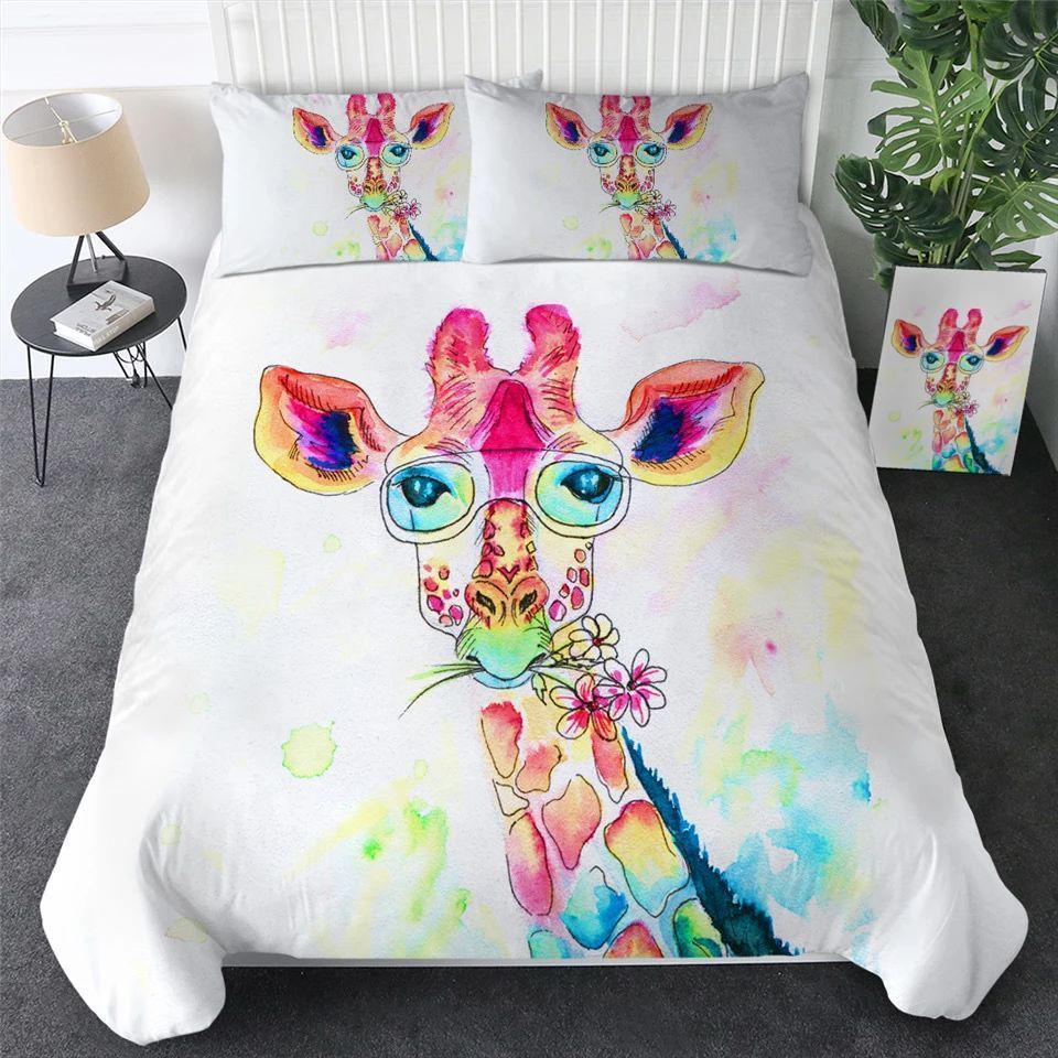 Watercolor Giraffe Wearing Glasses Bedding Set