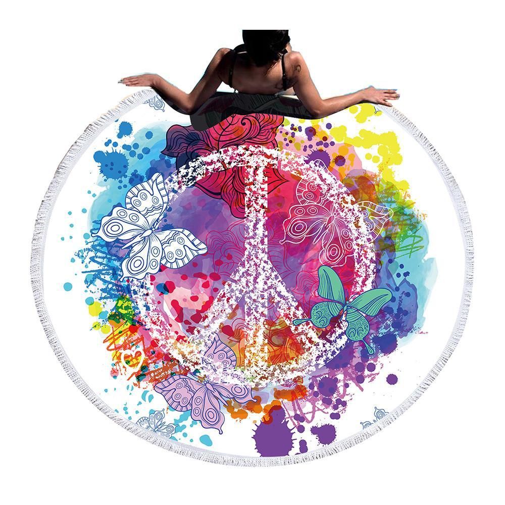 Watercolor Peace Sign And Butterfly Printed Round Beach Towel