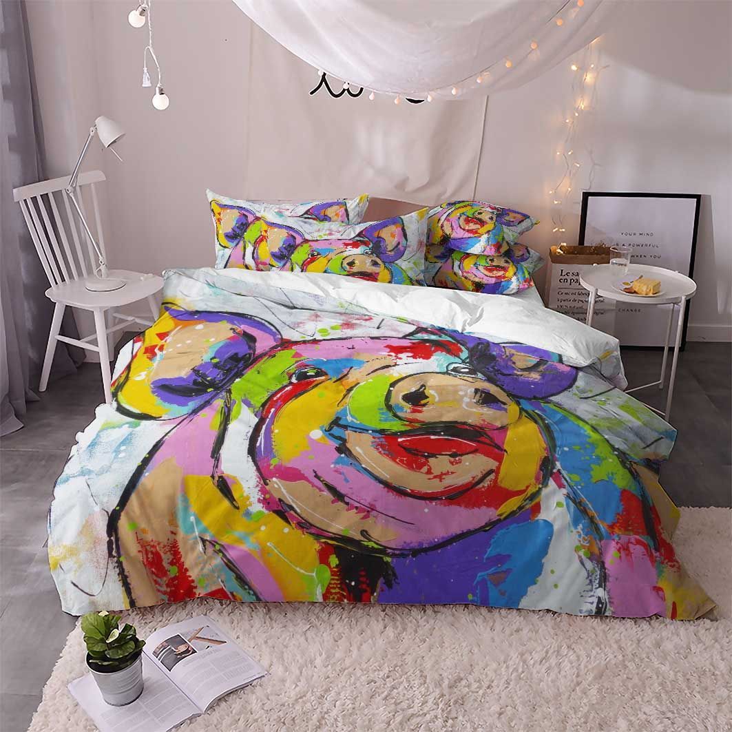 Watercolor Pig White Printed Bedding Set