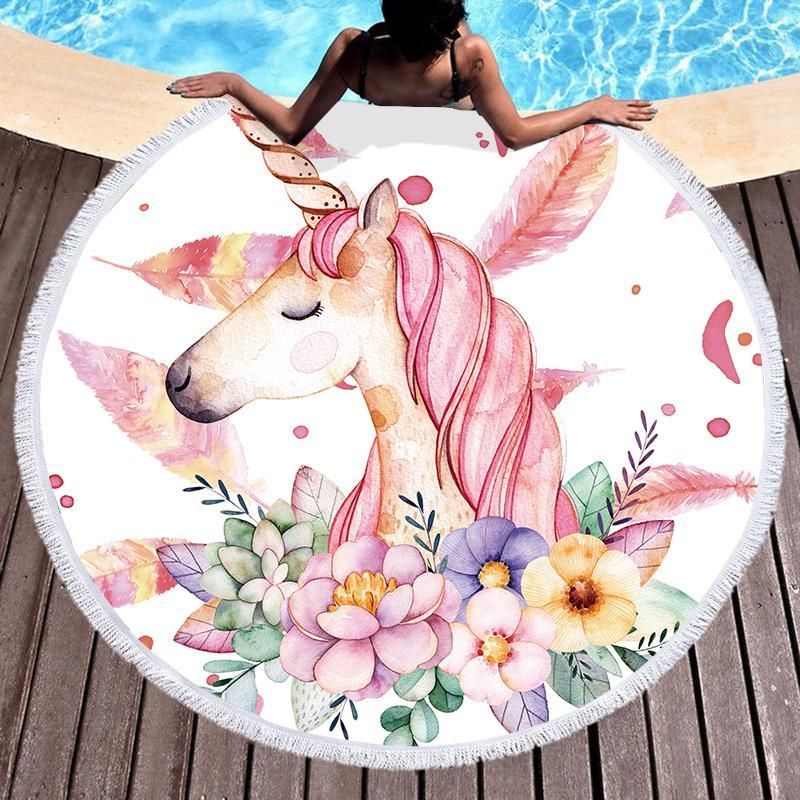 Watercolor Pink Art Unicorn Printed Round Beach Towel
