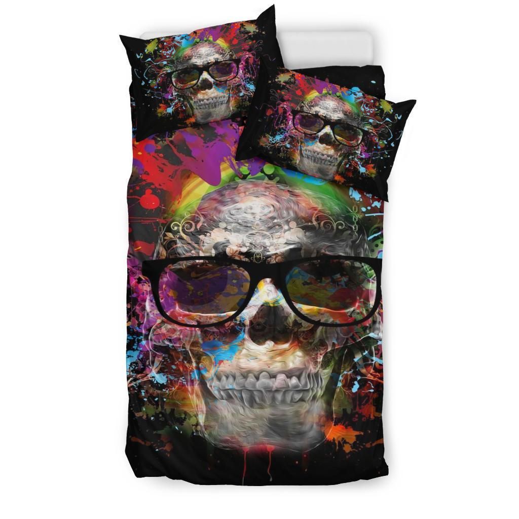 Watercolor Skull With Glasses Bedding Set