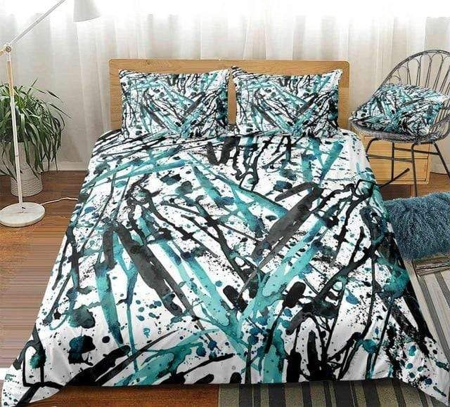 Watercolor Splatter Black Green Lines Bedding Set