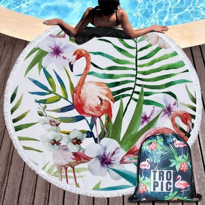 Watercolor Tropical Flamingo Summer Vibes Printed Round Beach Towel
