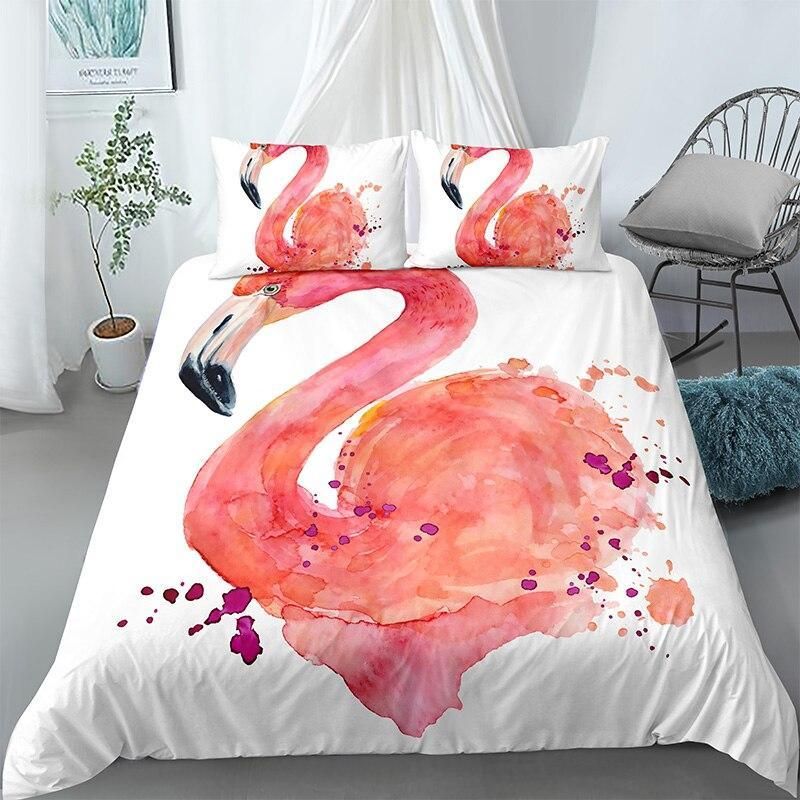 Watercolored Flamingo On White Bedding Set