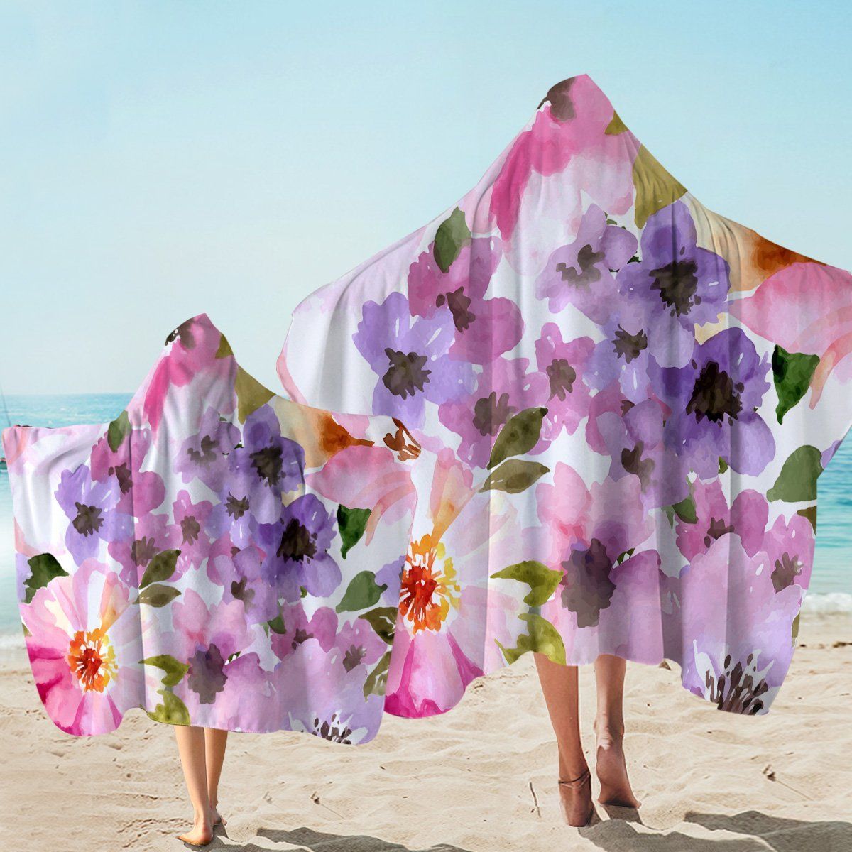 Watercolored Flower Garden Pattern Printed Hooded Towel