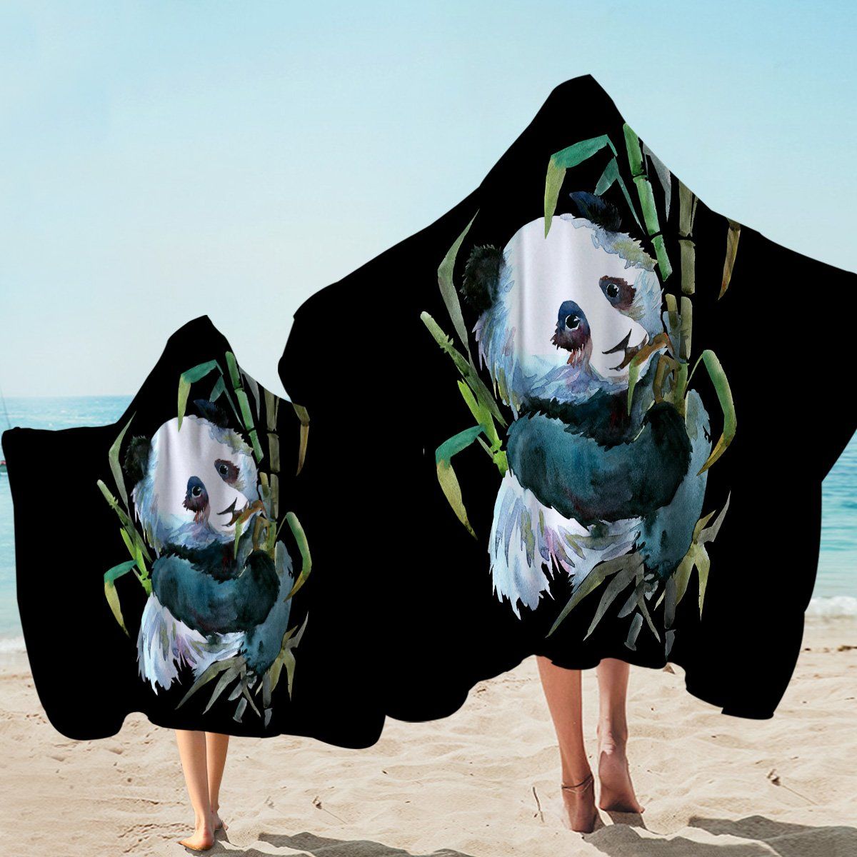 Watercolored Panda On Bamboo Tree Black Printed Hooded Towel