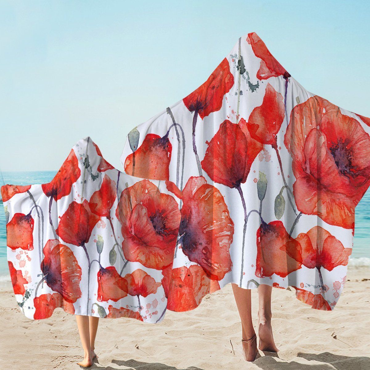 Watercolored Red Flowers On White Printed Hooded Towel