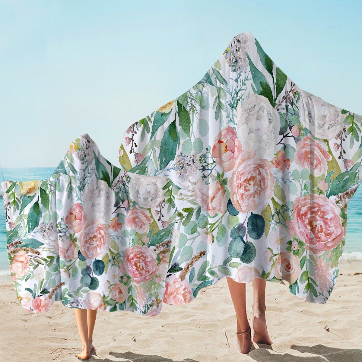 Watercolored Rose Garden Printed Hooded Towel