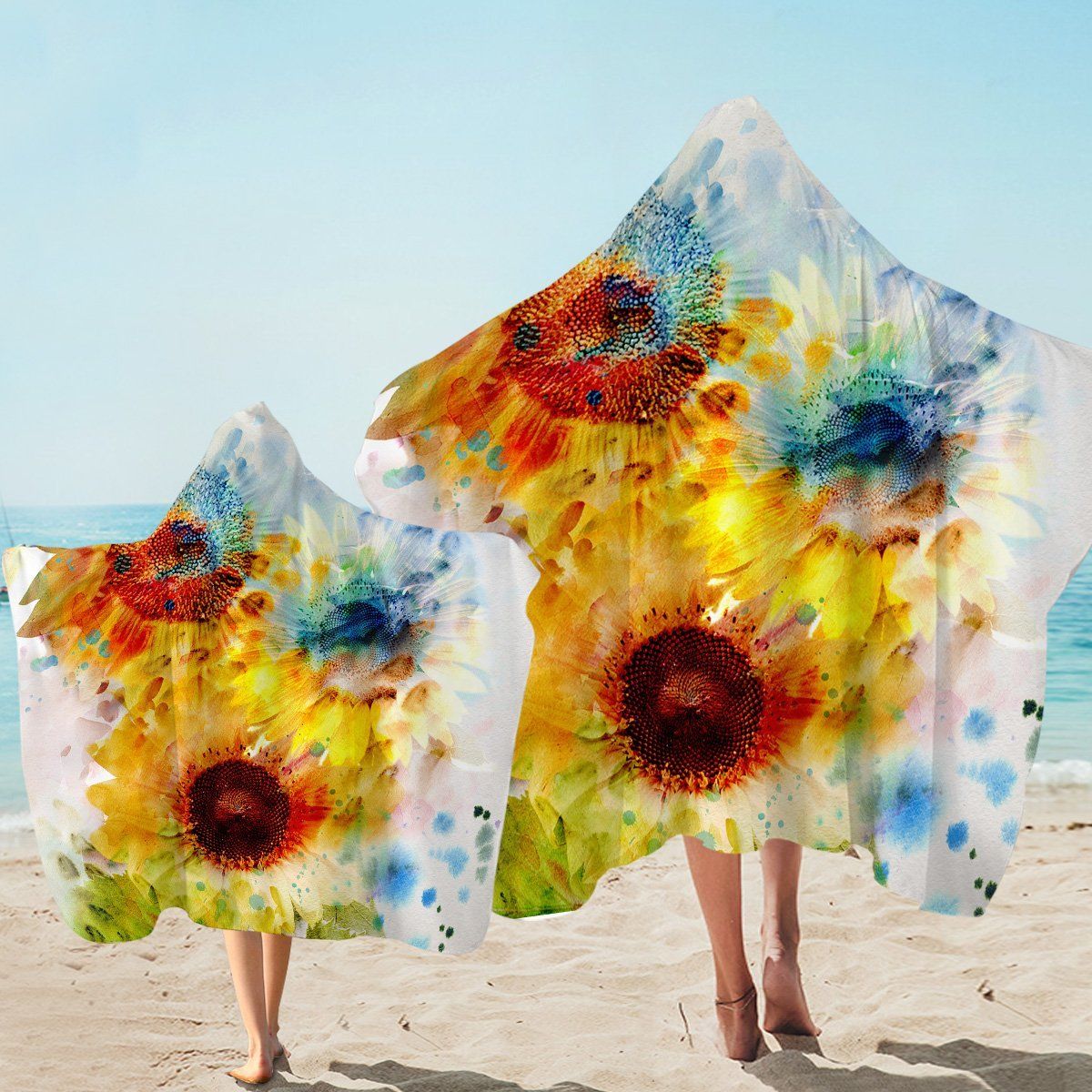 Watercolored Sunflowers Tye Die Pattern Printed Hooded Towel