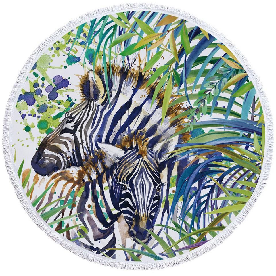 Watercolored Zebras And Tropical Leaf Printed Round Beach Towel