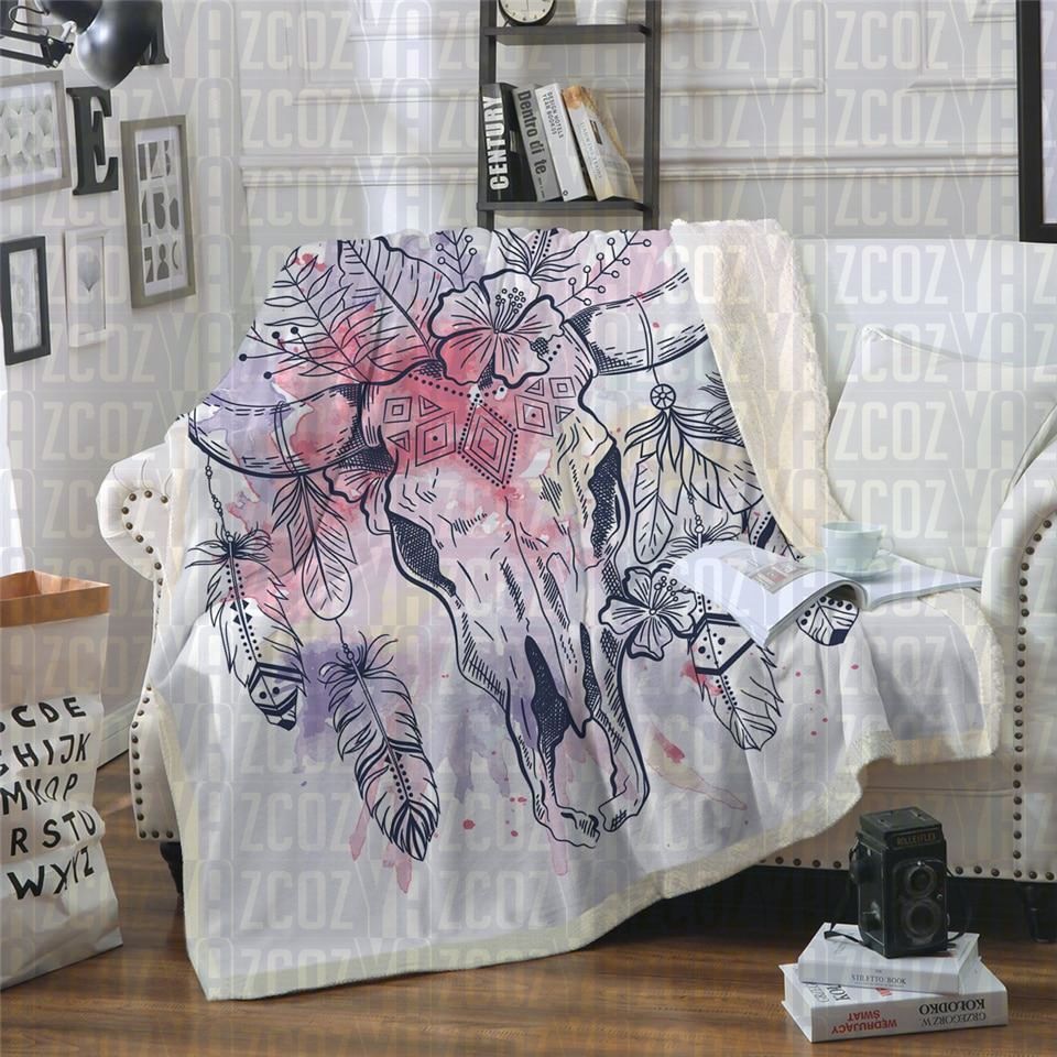 Watercolour Bull Skull Sherpa Fleece Blanket