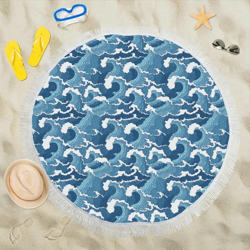 Wave Themed Pattern Printed Round Beach Towel