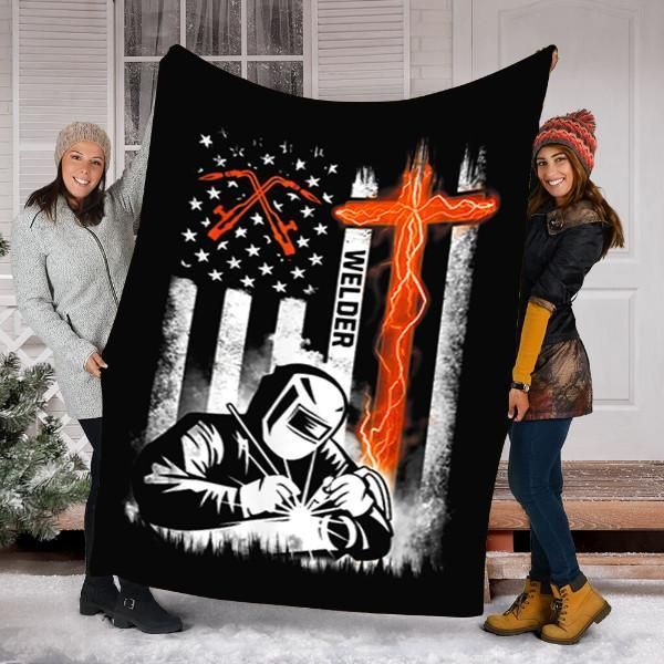 Welder American Flag Usa Patriotic Welder Sherpa Fleece Blanket
