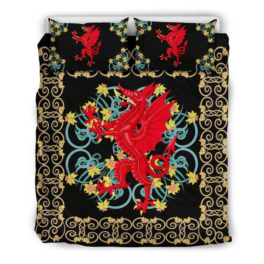 Welsh Dragon Daffodil Black Background Bedding Set