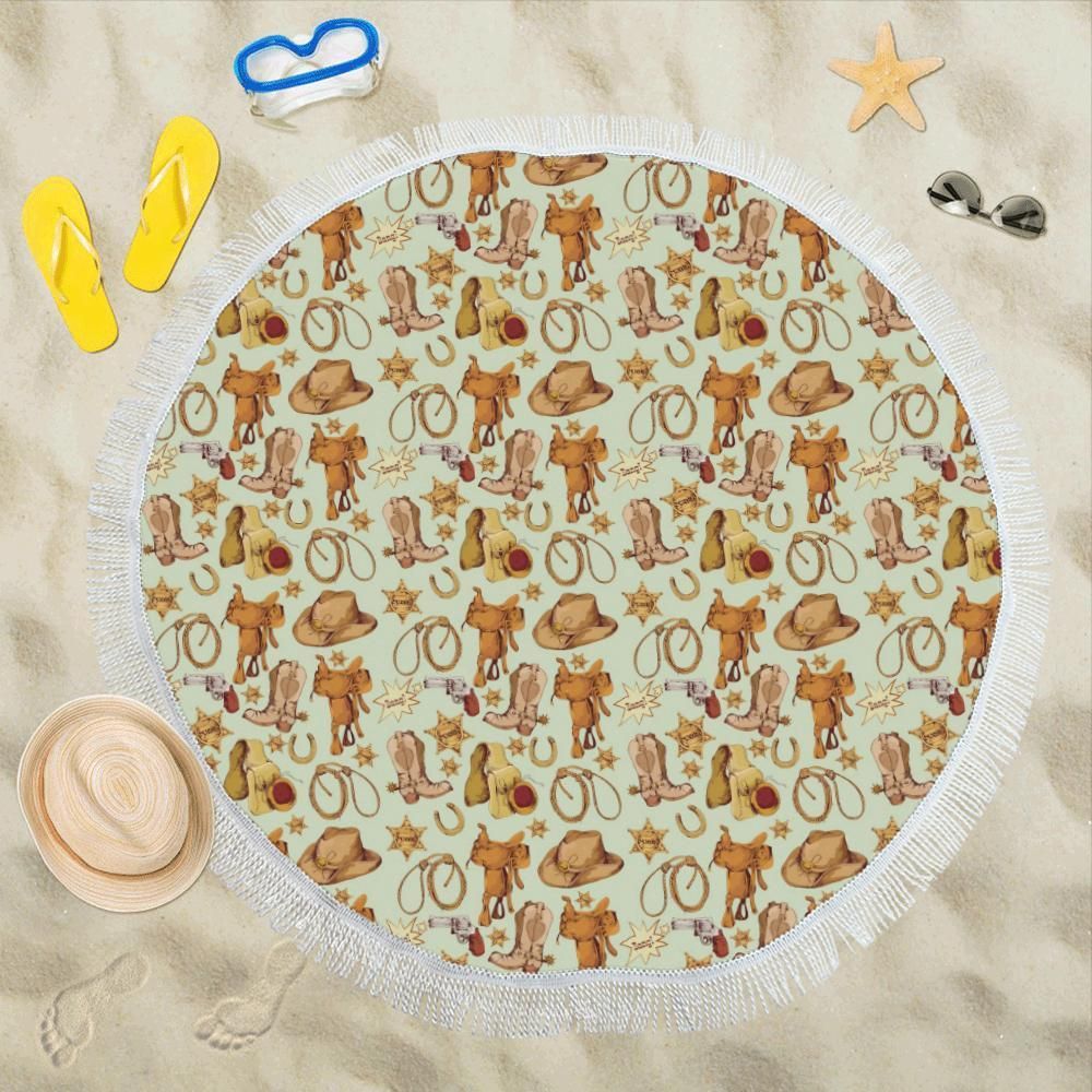 Western Cowboy Design Pattern Printed Round Beach Towel