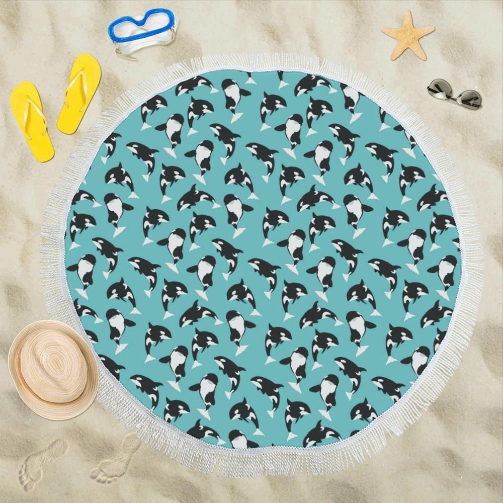 Whale Action Design Themed Print Round Beach Towel