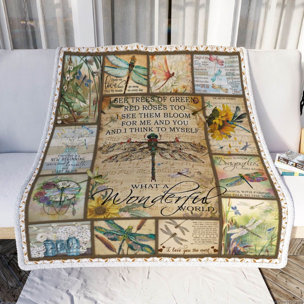 What A Wonderful World Dragonfly Sherpa Fleece Blanket