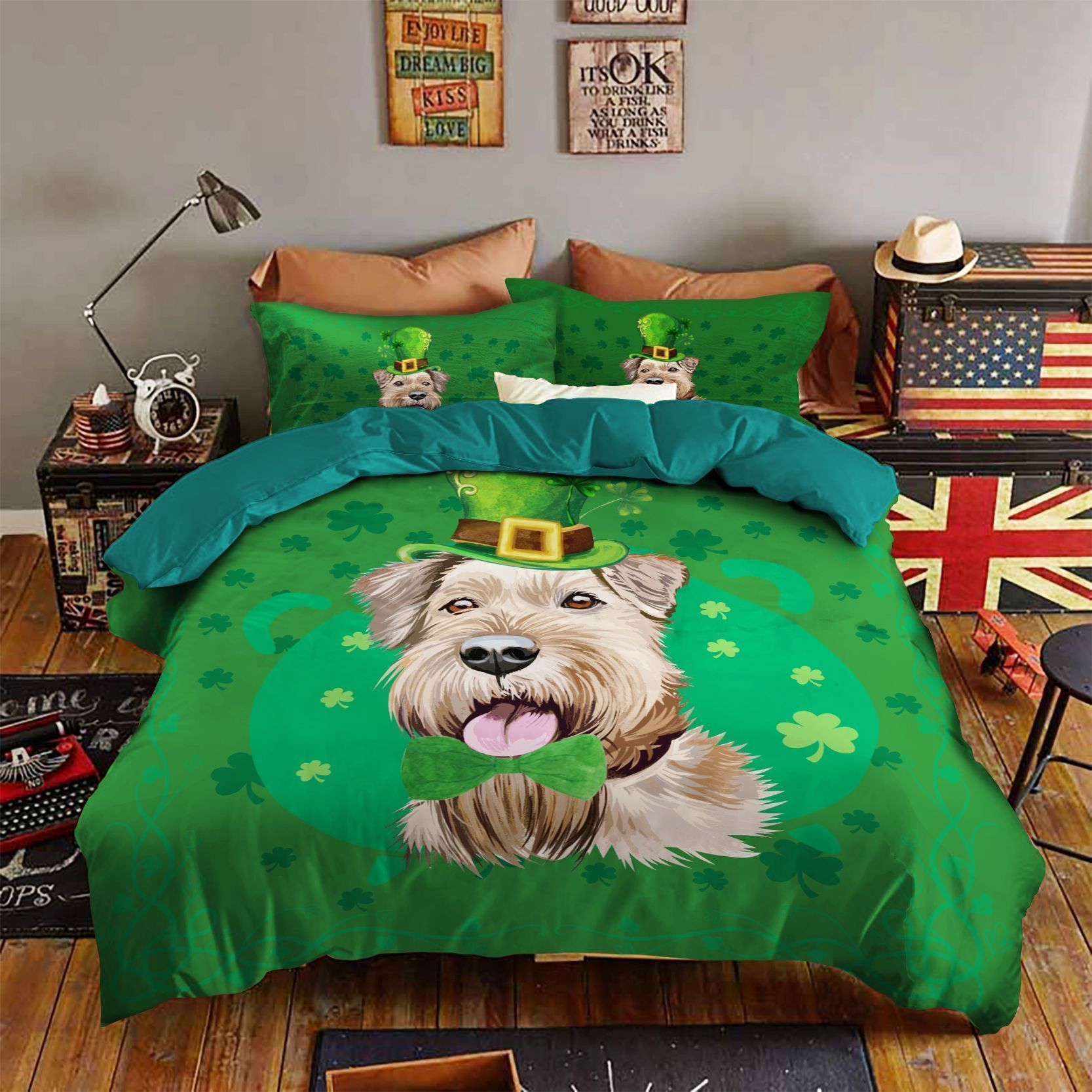 Wheaton Terrier With Green Ribbon St Patrick’s Day Bedding Set