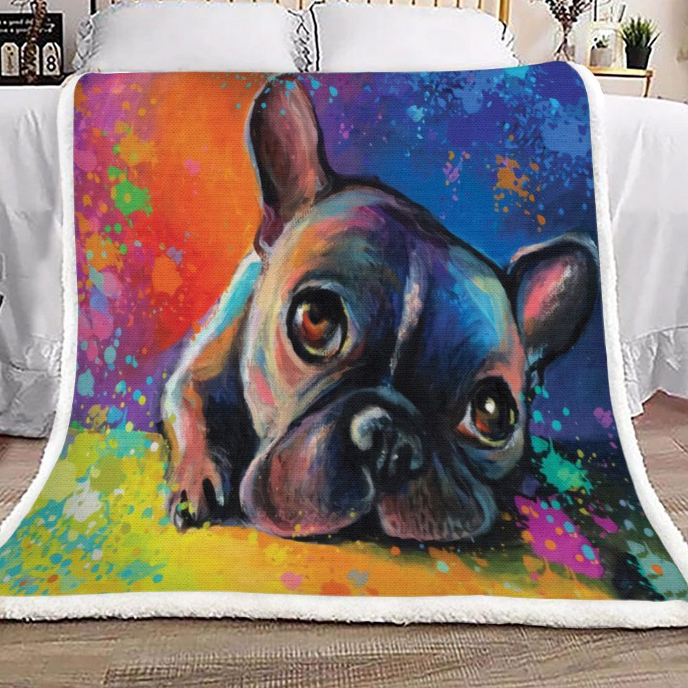 Whimsical Colorful French Bulldog Sherpa Fleece Blanket