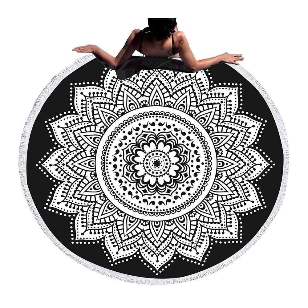 White And Black Lotus Printed Round Beach Towel