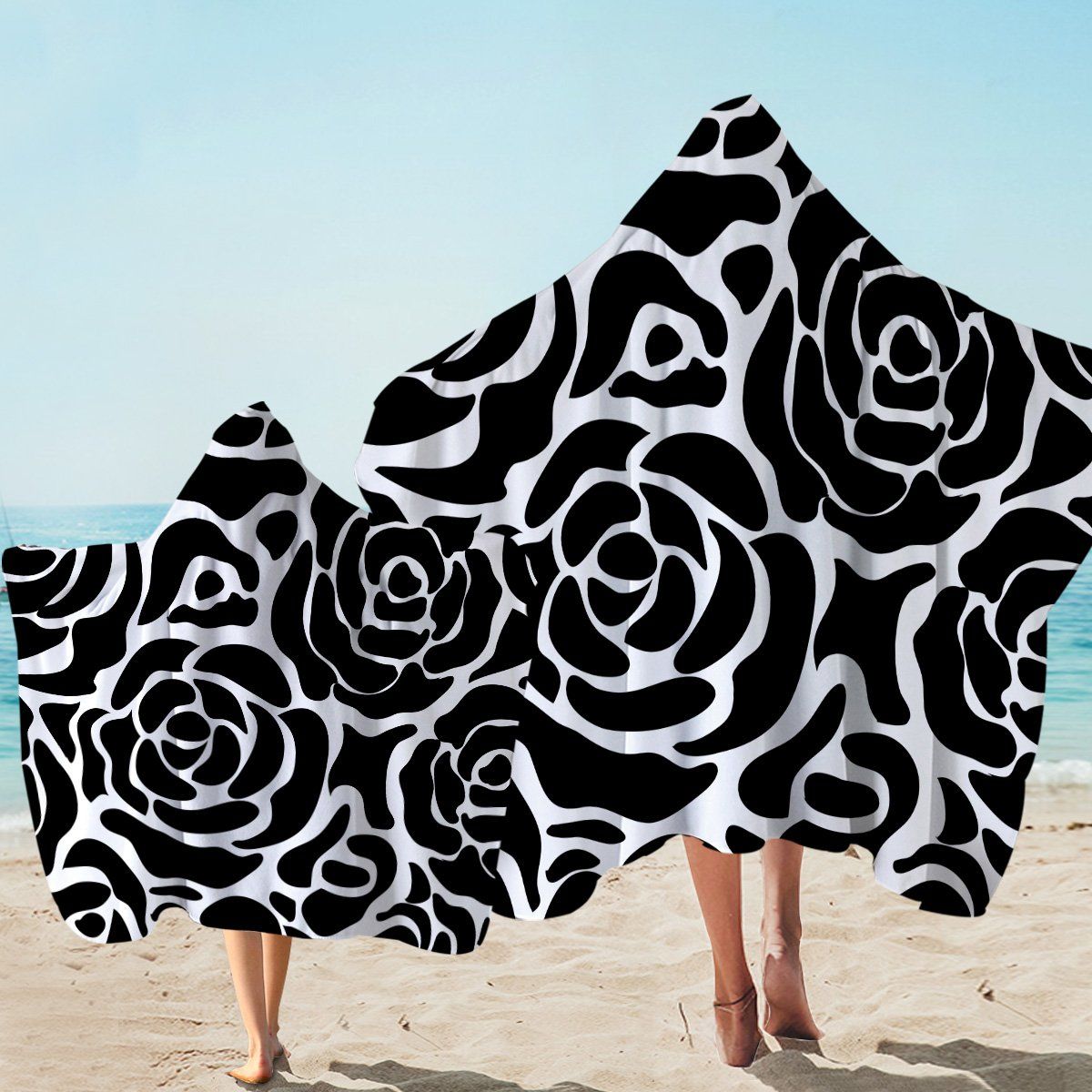 White And Black Rose Patterns Printed Hooded Towel