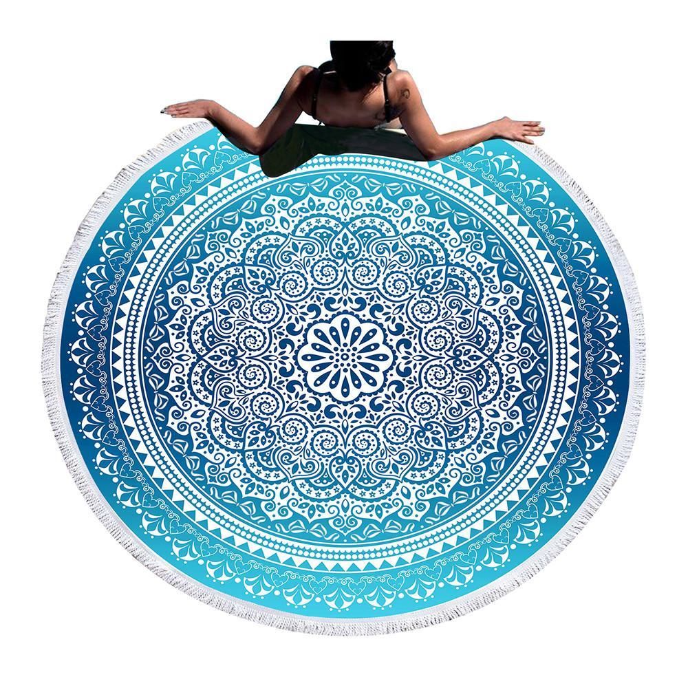 White And Blue Mandala Background Printed Round Beach Towel