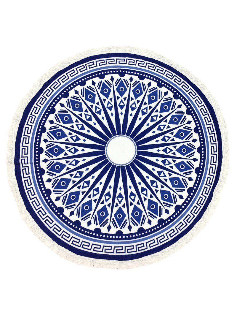 White And Blue Tribal Printed Round Beach Towel