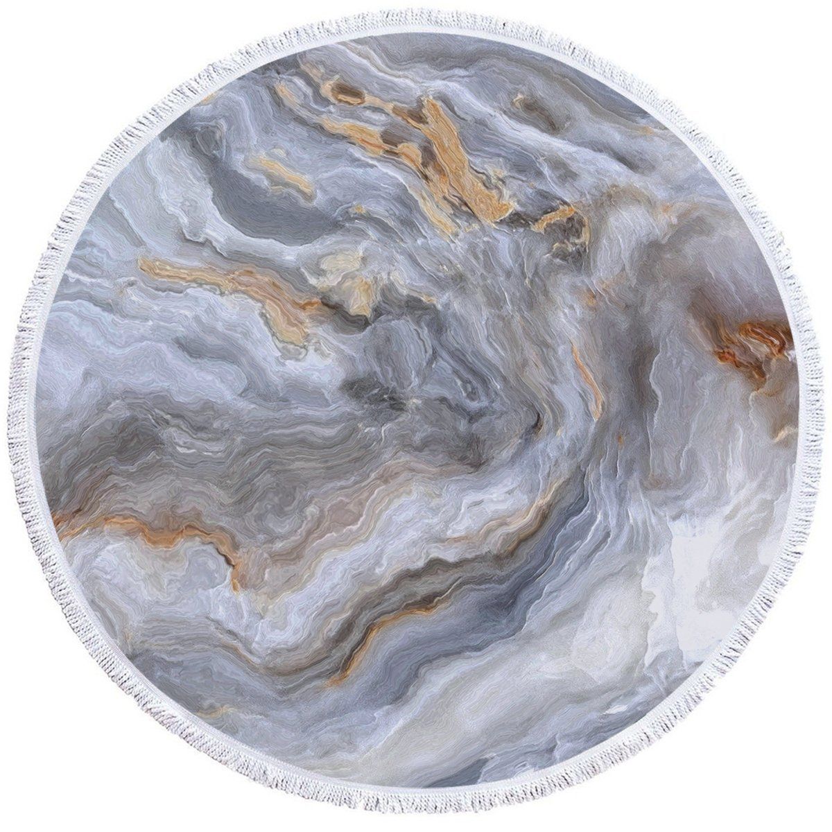 White And Brown Marble Printed Round Beach Towel