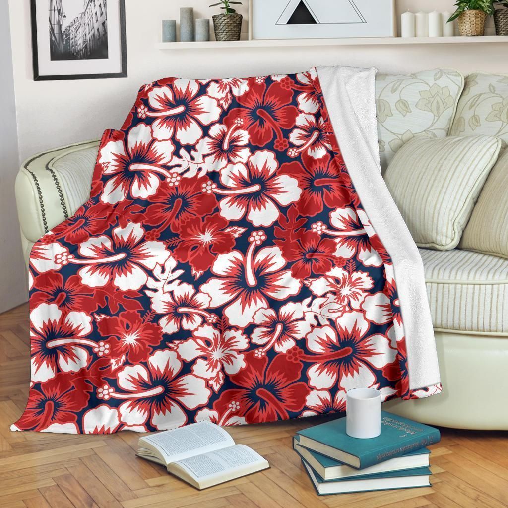 White And Red Hibiscus Pattern Print Design Fleece Blanket