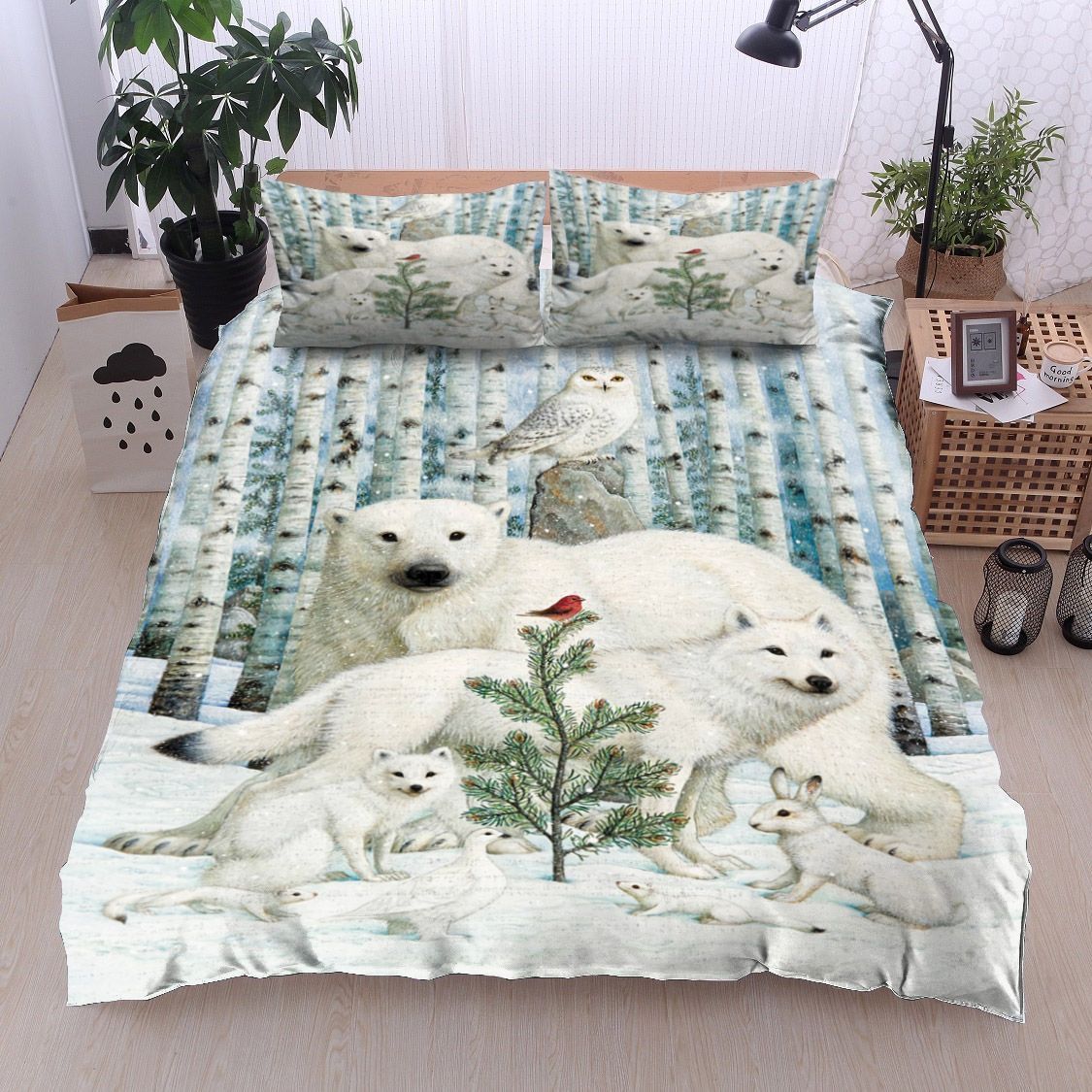 White Animals Red Bird Bedding Set