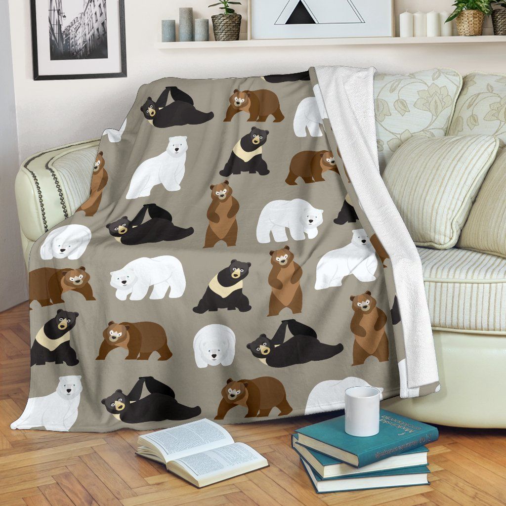 White Black Brown Bear Pattern Print Design Fleece Blanket