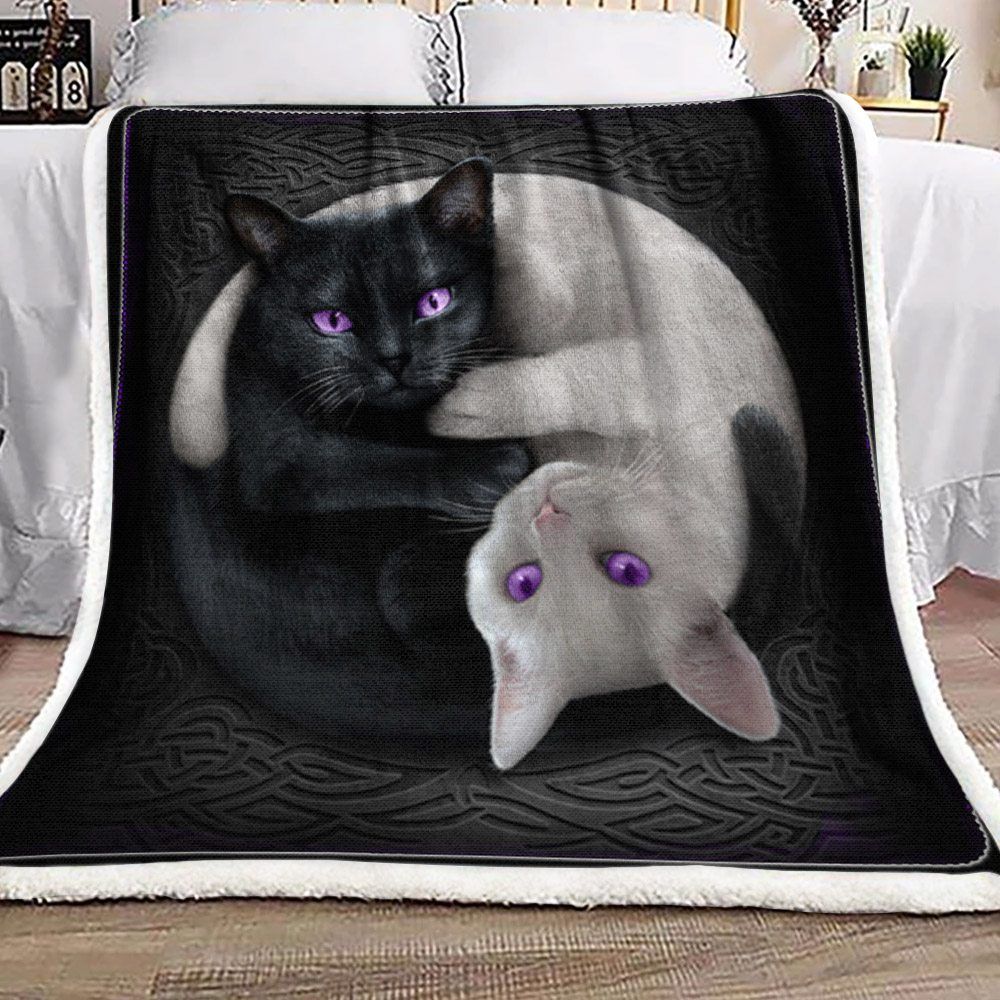 White Black Cat Sherpa Fleece Blanket