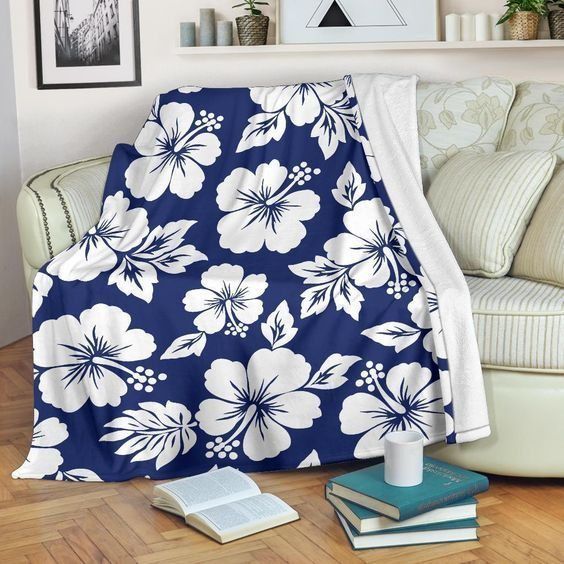 White Blue Hibiscus Floral Sherpa Fleece Blanket