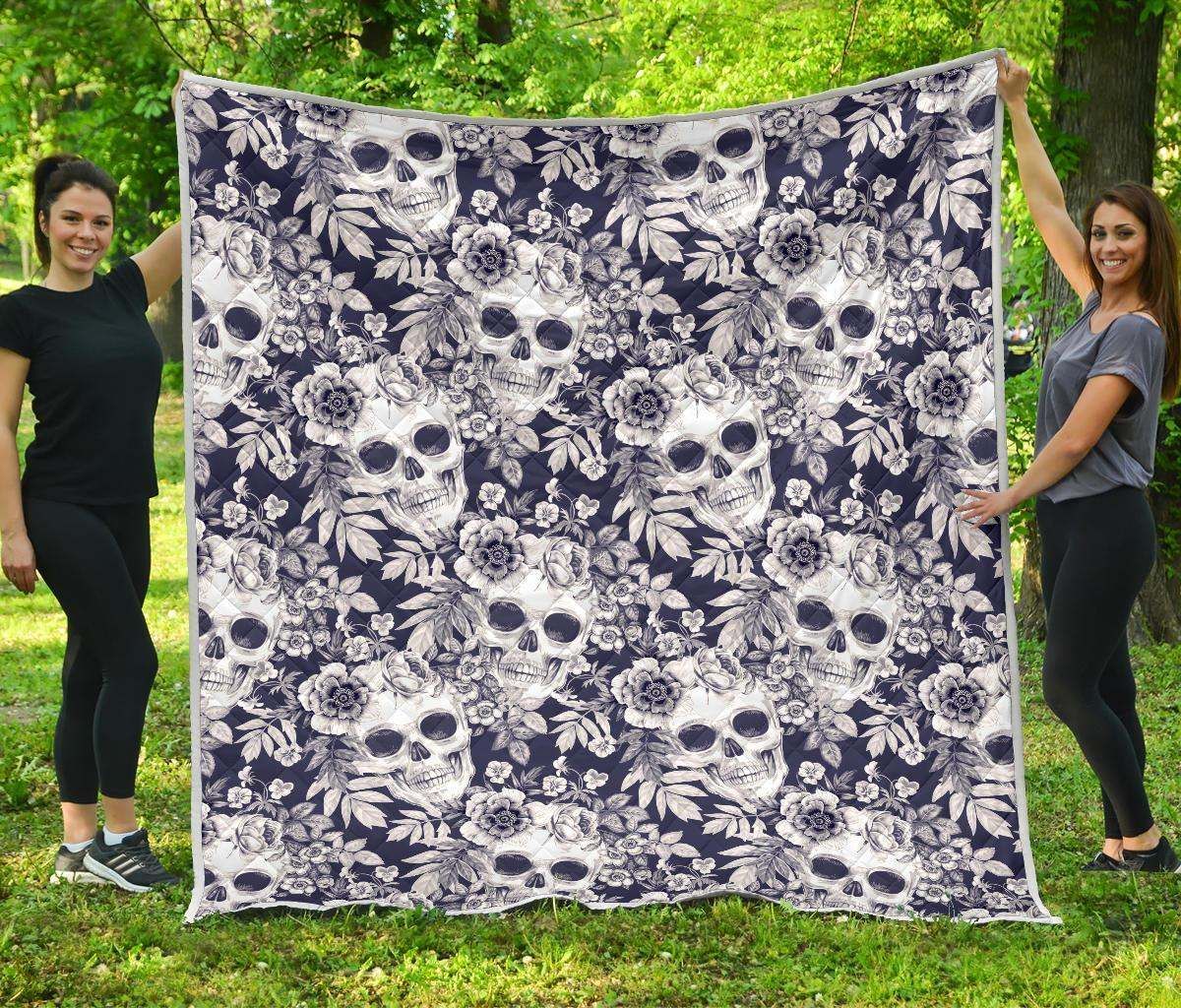 White Blue Skull Floral CL17100699MDQ Quilt Blanket