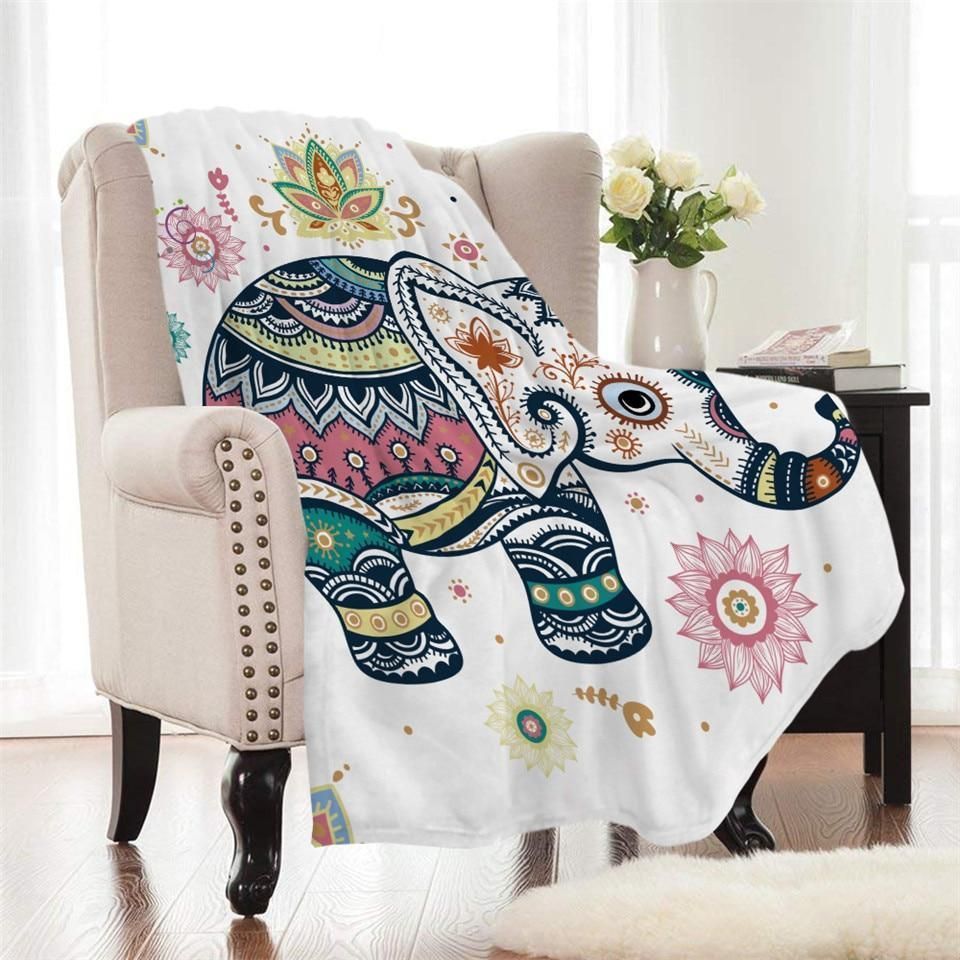 White Boho Baby Elephant Printed Fleece Blanket