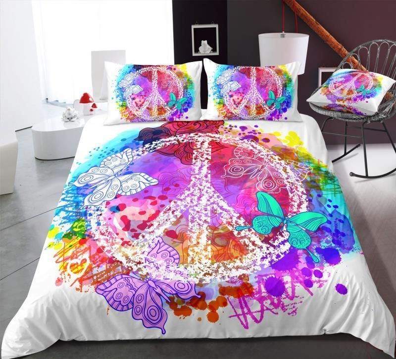 White Butterflies Peace And Love Symbol Bedding Set