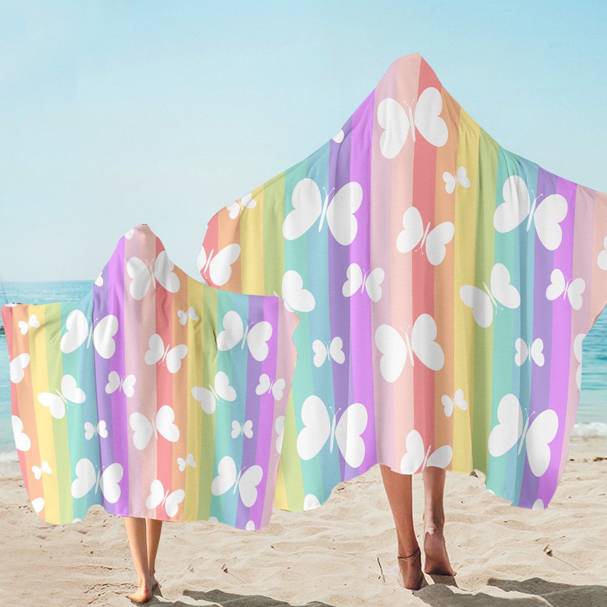 White Butterflies Rainbow Lines Printed Hooded Towel