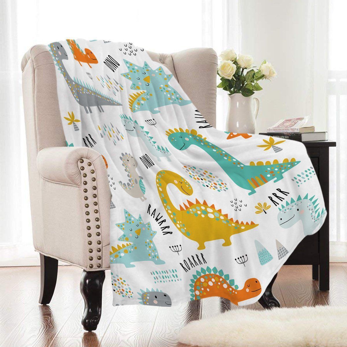 White Cartoon Dinosaur Printed Fleece Blanket