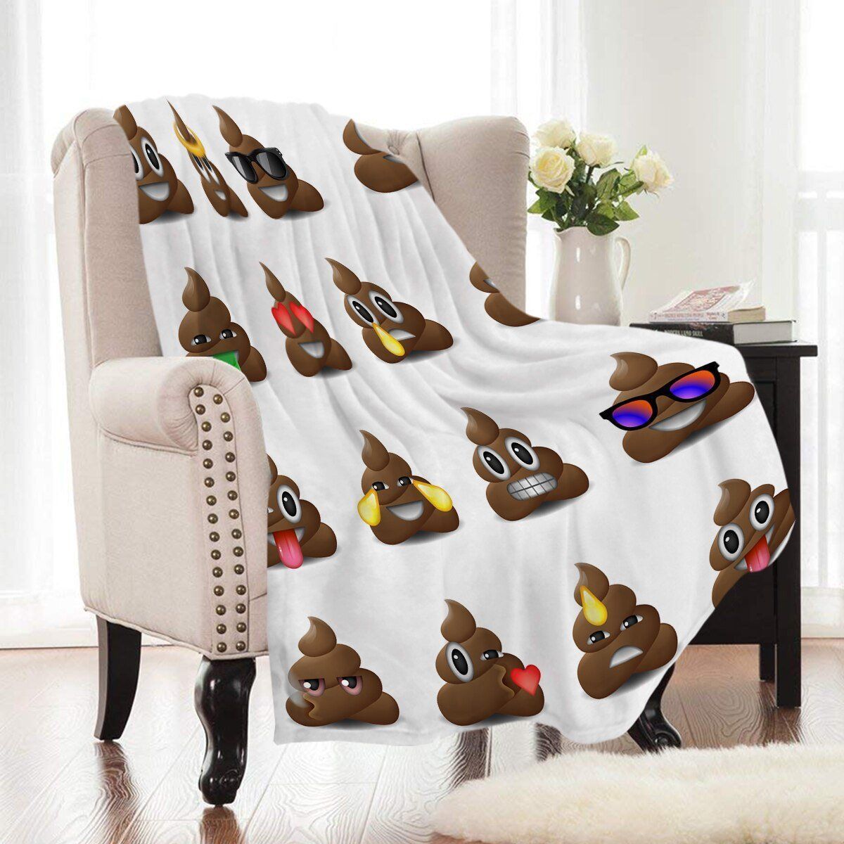 White Cartoon Poop Emoji Printed Fleece Blanket