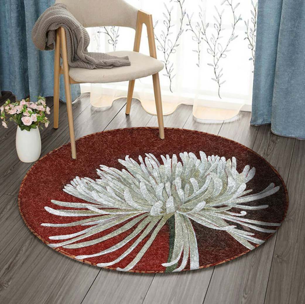 White Chrysanthemum Flower Round Carpet