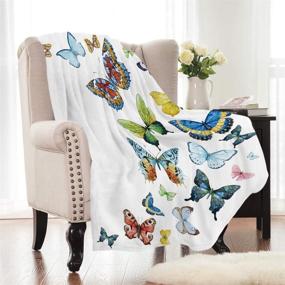 White Colorful Flying Butterflies Printed Fleece Blanket