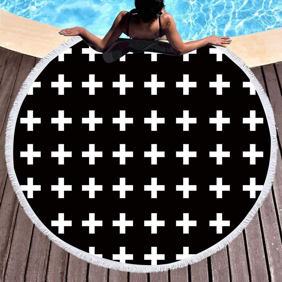 White Crosses Black Blackdrop Round Beach Towel