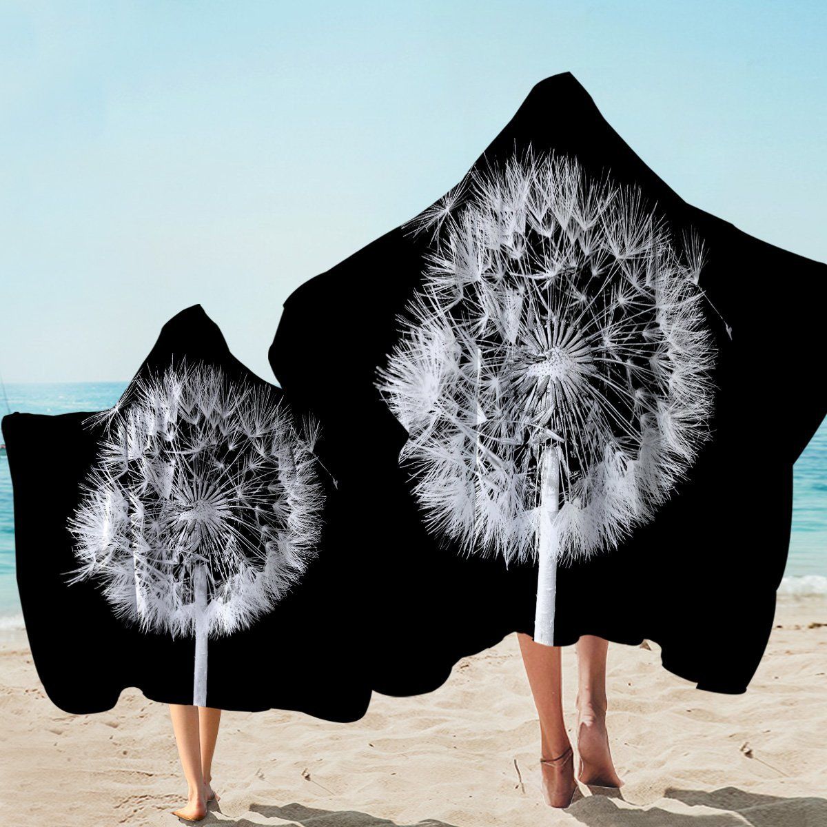 White Dandelion In Black Printed Hooded Towel