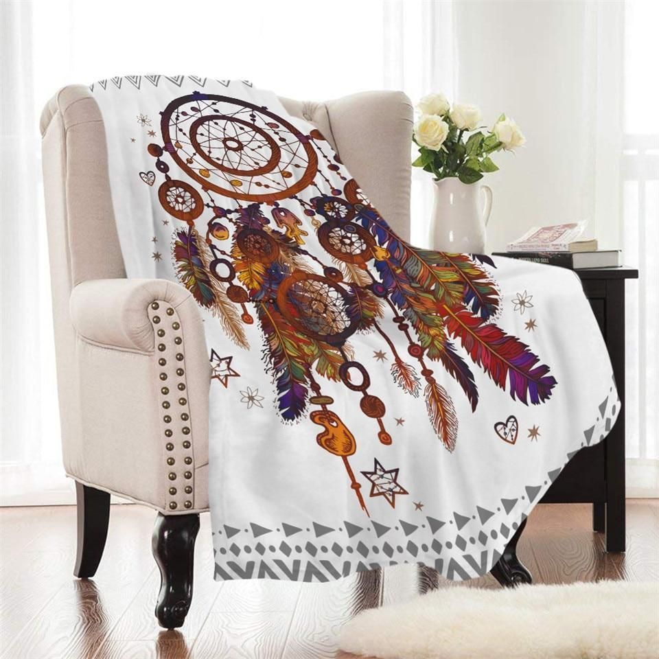 White Feather Dreamcatcher Printed Fleece Blanket