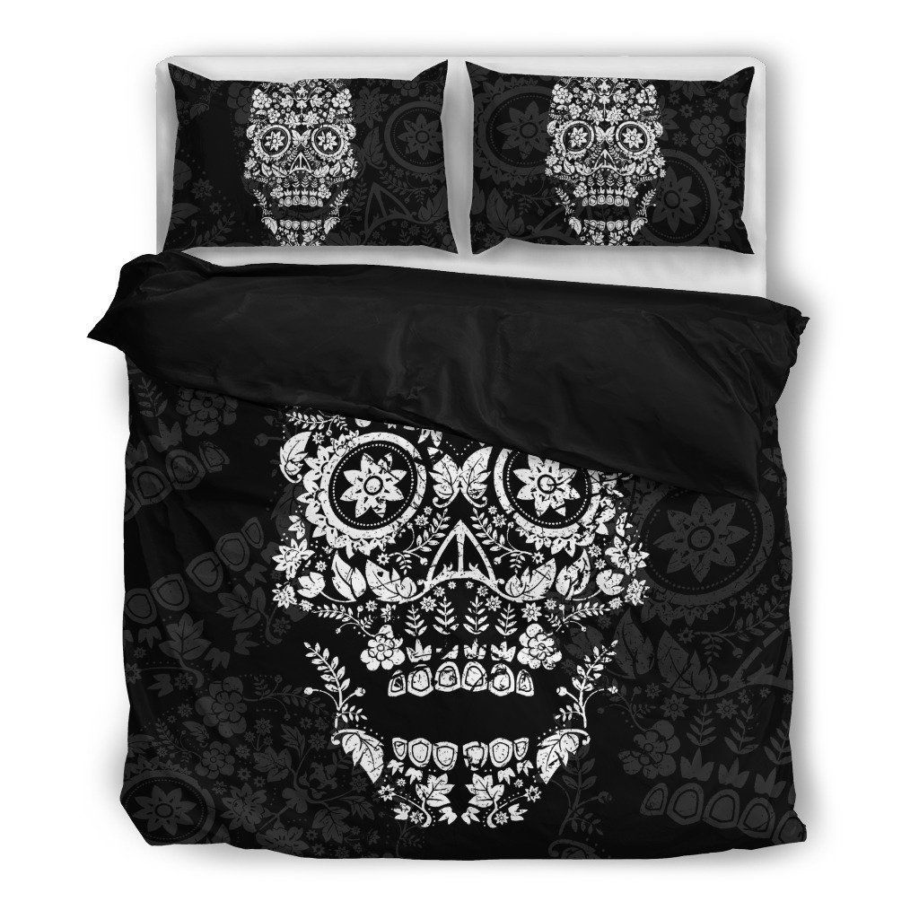 White Floral Skull Themed Bedding Set