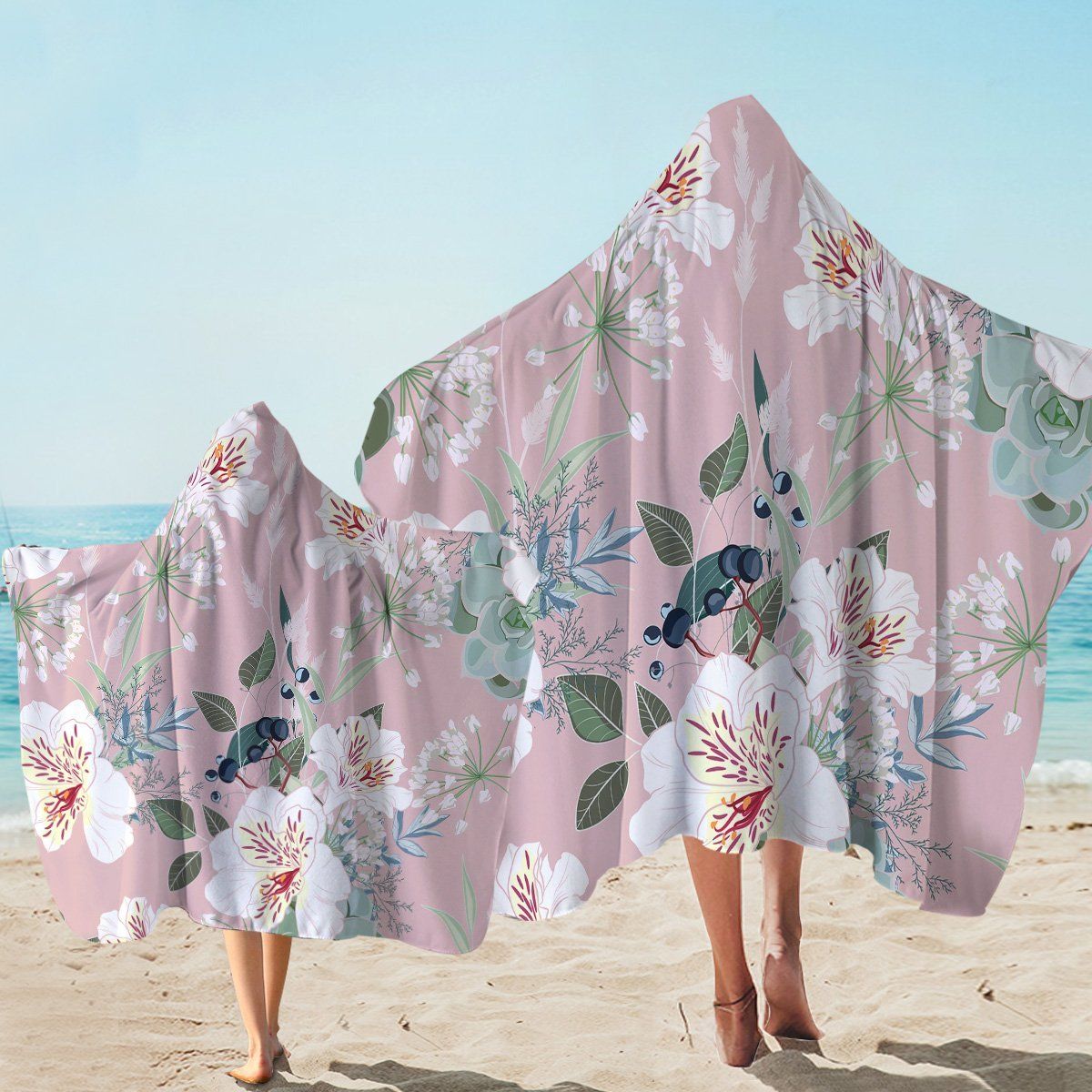 White Flowers Pinkish Printed Hooded Towel