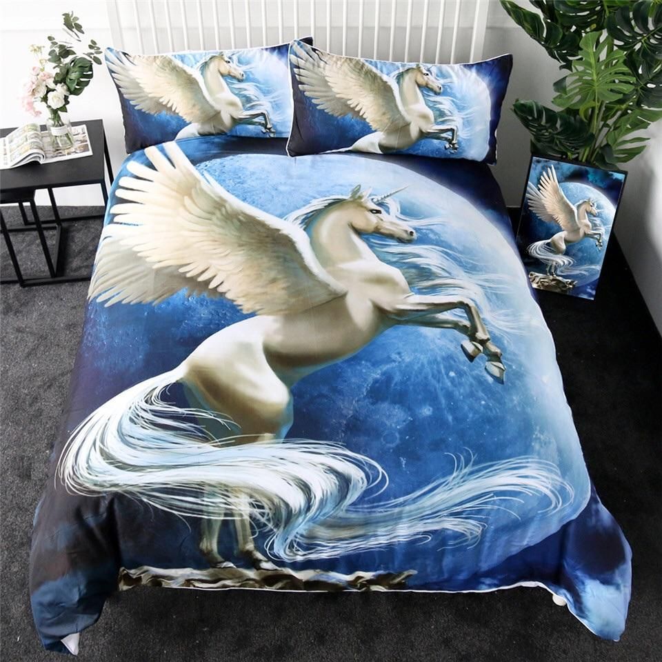 White Flying Unicorn In Moonlight Bedding Set