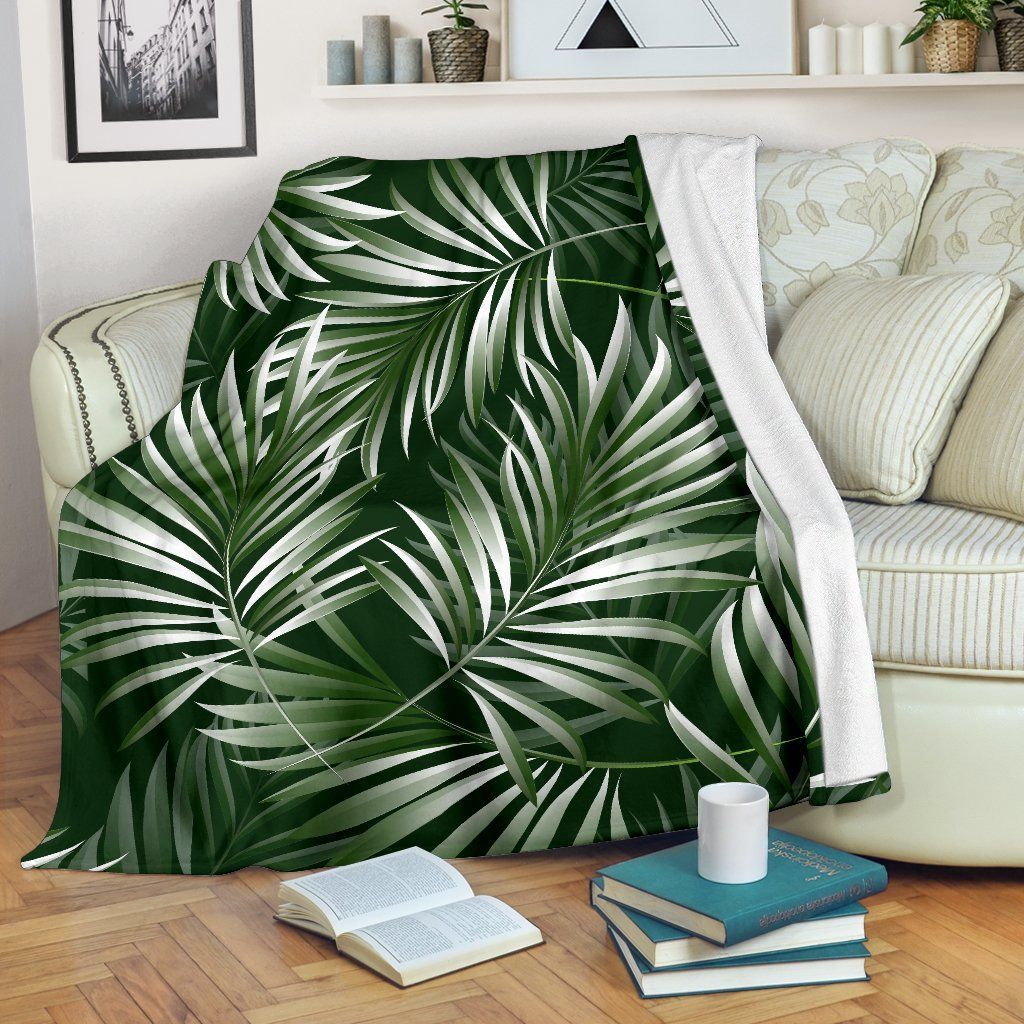 White Green Tropical Palm Leaves Printed Fleece Blanket