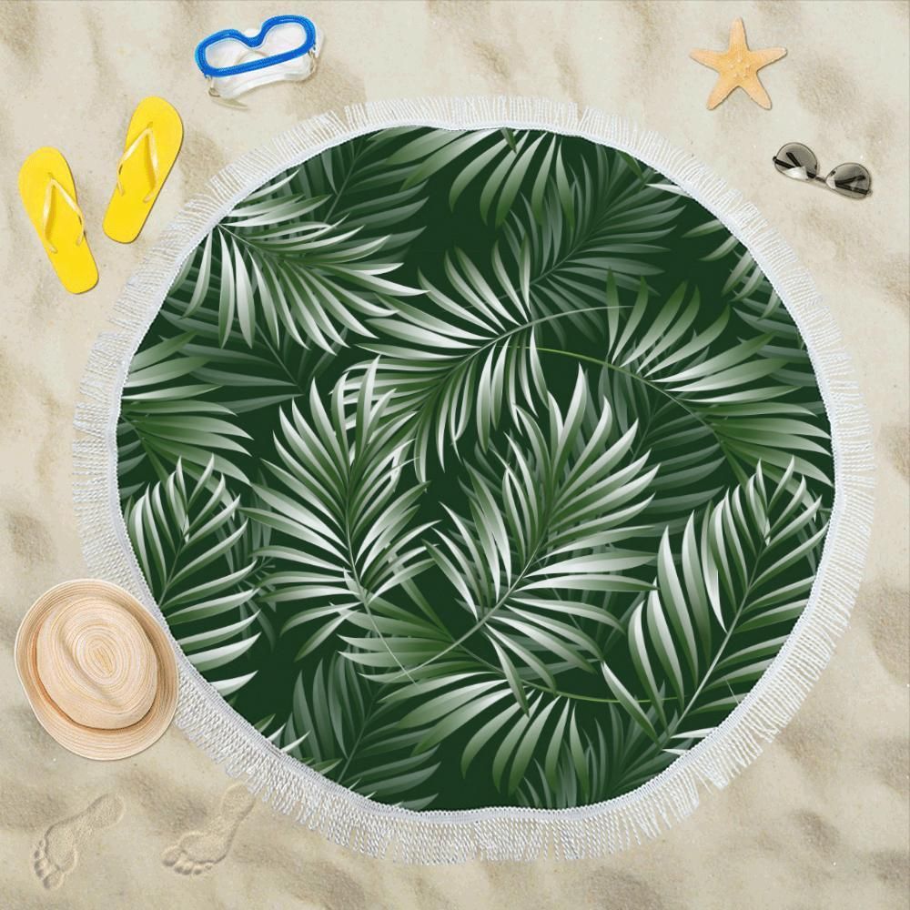 White Green Tropical Palm Leaves Printed Round Beach Towel