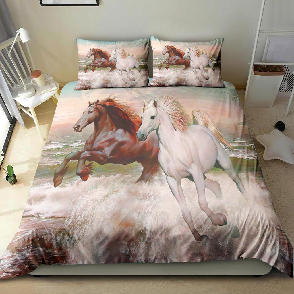 White Horse And Brown Horse Running Together Bedding Set